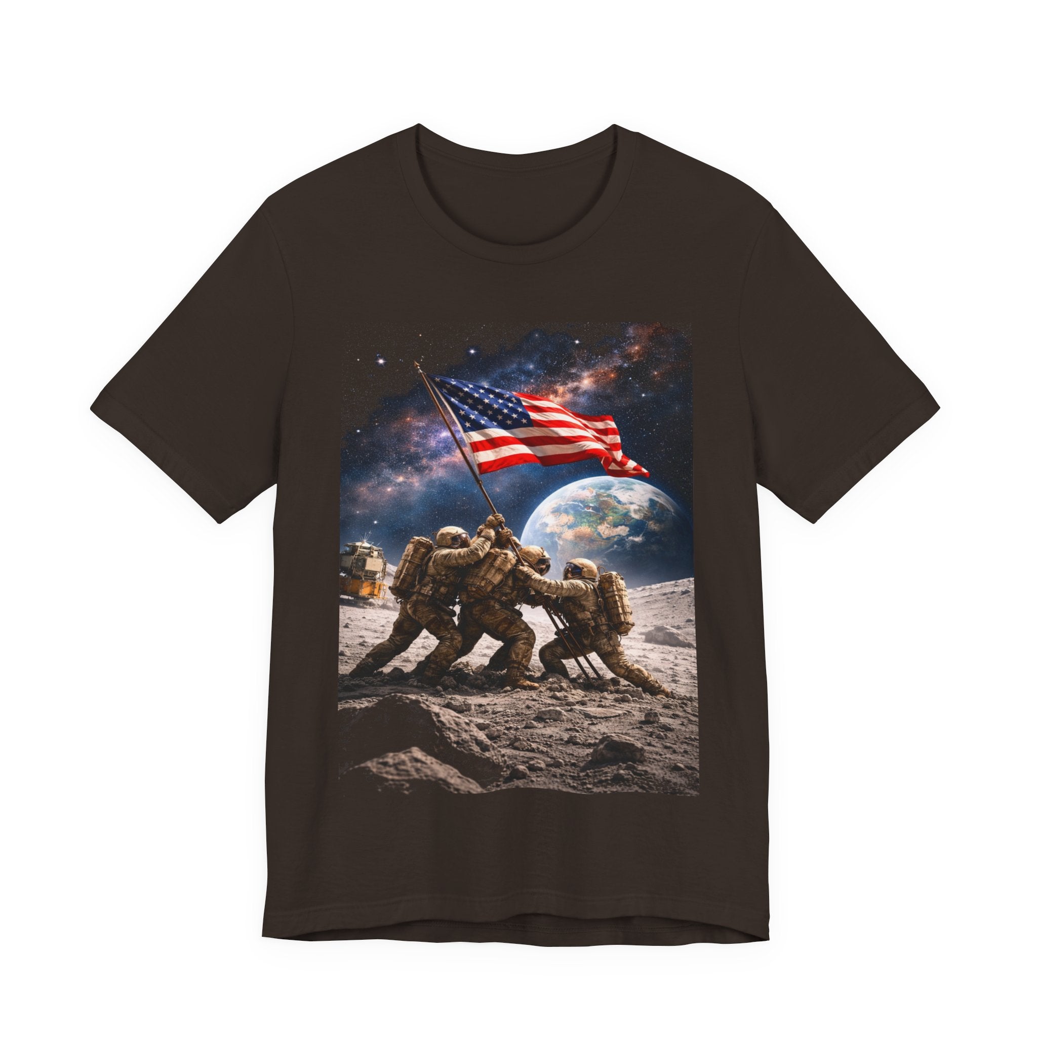 Patriotic Moon Landing Tee — Soldiers Raising American Flag Graphic T-Shirt