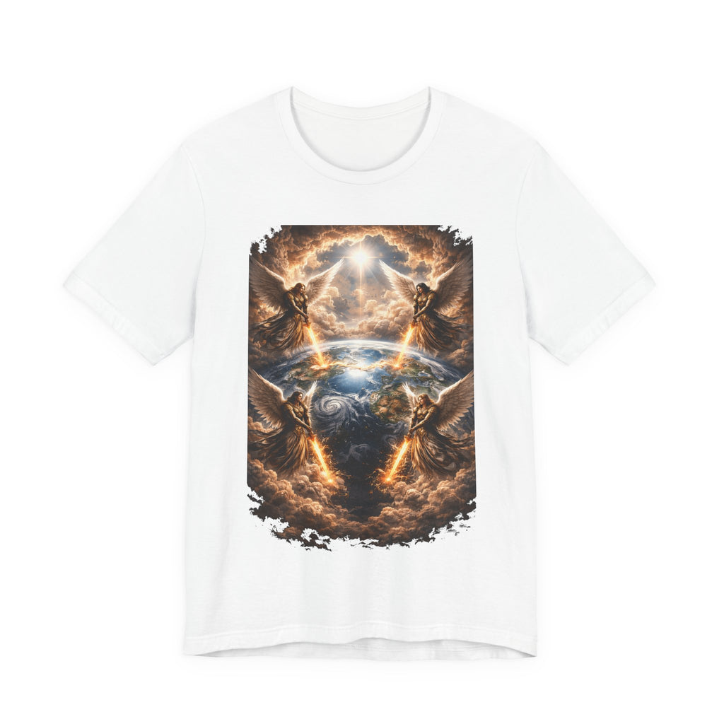 Revelation 7:1 Four angels standing on the four corners of the earth as seen from heaven-when the secound comingis near T‑Shirt — Heavenly Earth & Angels Graphic Tee