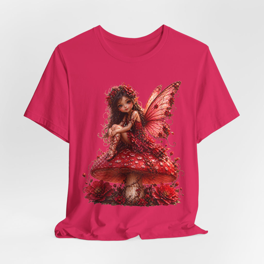 Fairy on Red Mushroom T‑Shirt — Whimsical Red Fairy Graphic Tee