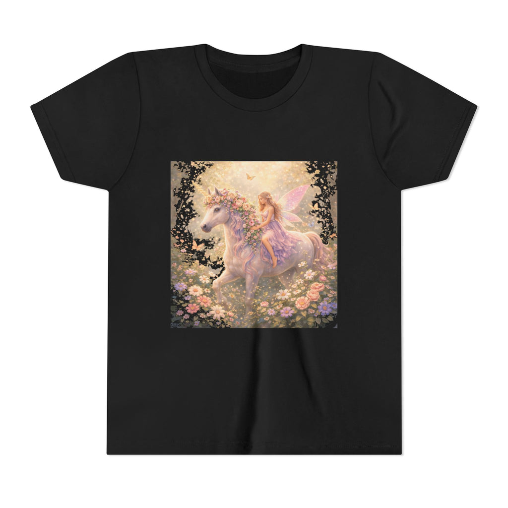 Youth Tee — Magical Fairy Riding Unicorn in Floral Garden Kids Shirt