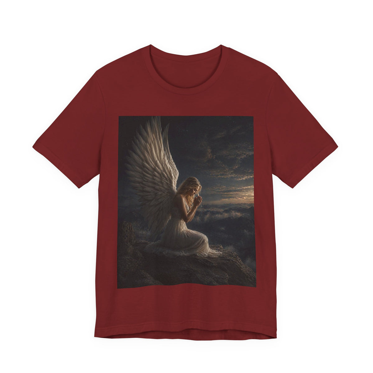 Angel Prayer Graphic Tee — Serene Winged Angel Shirt for Spiritual & Memorial Comfort