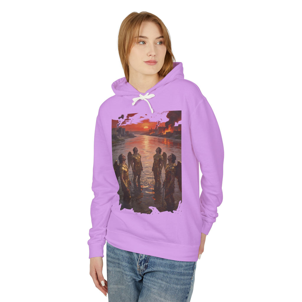 Revelation 9 reveals four fallen angels bound in the Euphrates River  Crew Hooded Sweatshirt