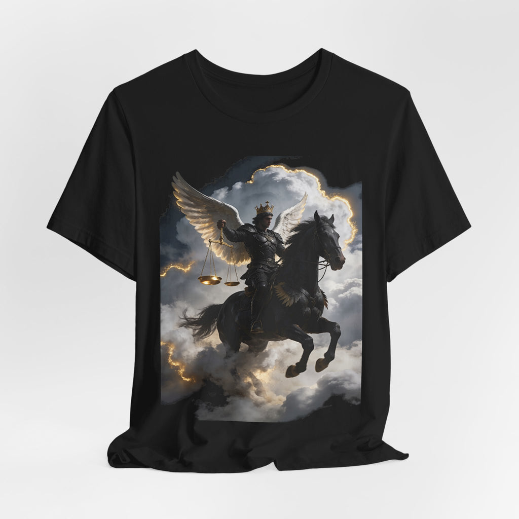 Revelation 6:5-6! And on the horse was a rider with wings as an angle dress as an warrior in black holding a golden a pair of scalesT‑Shirt — Winged Knight Graphic Tee