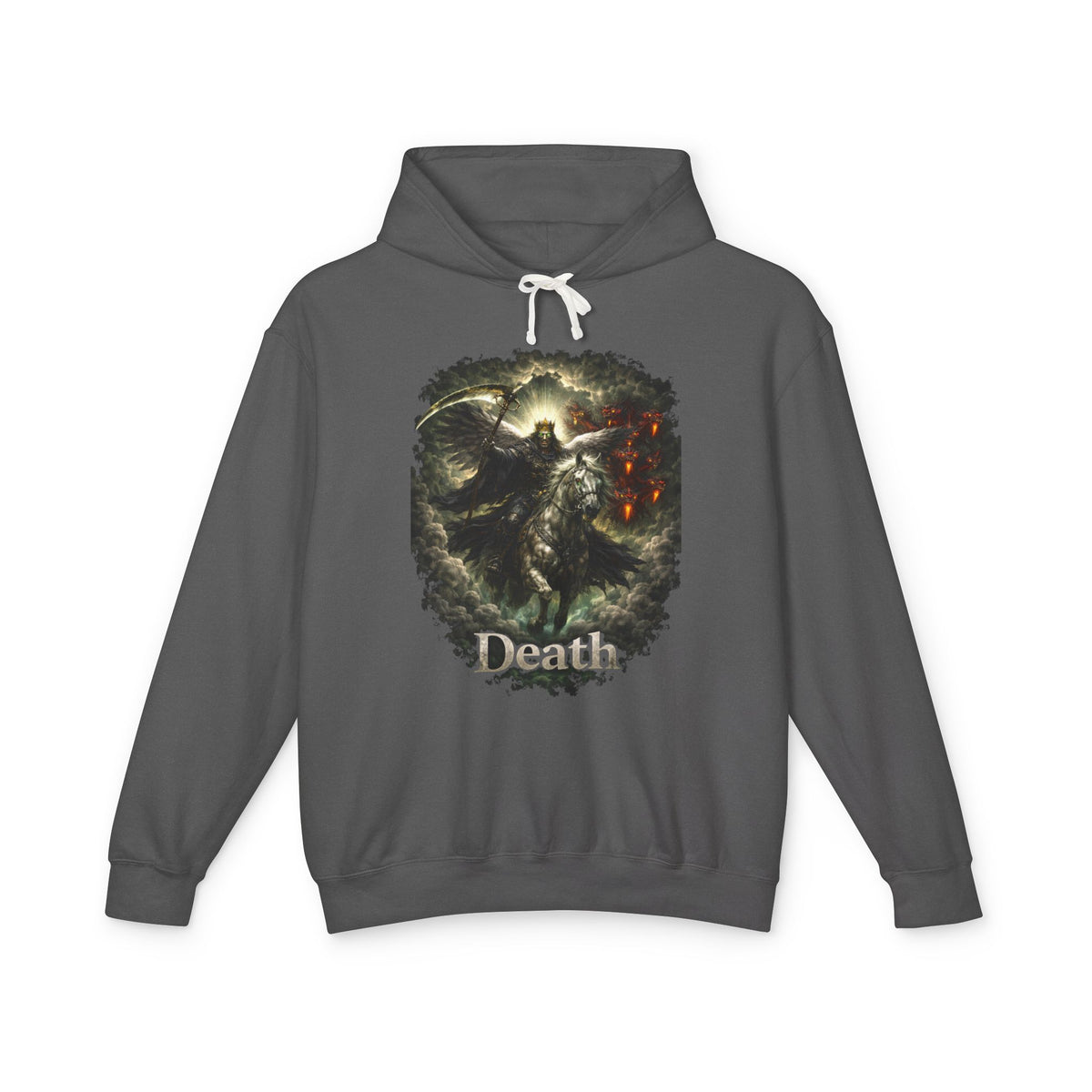 Revelation 6:7-8! And on the Pale horse was a rider  as an angle dress as death and he wore a crown !Death Reaper Graphic Hoodie — Gothic Dark Fantasy Pullover