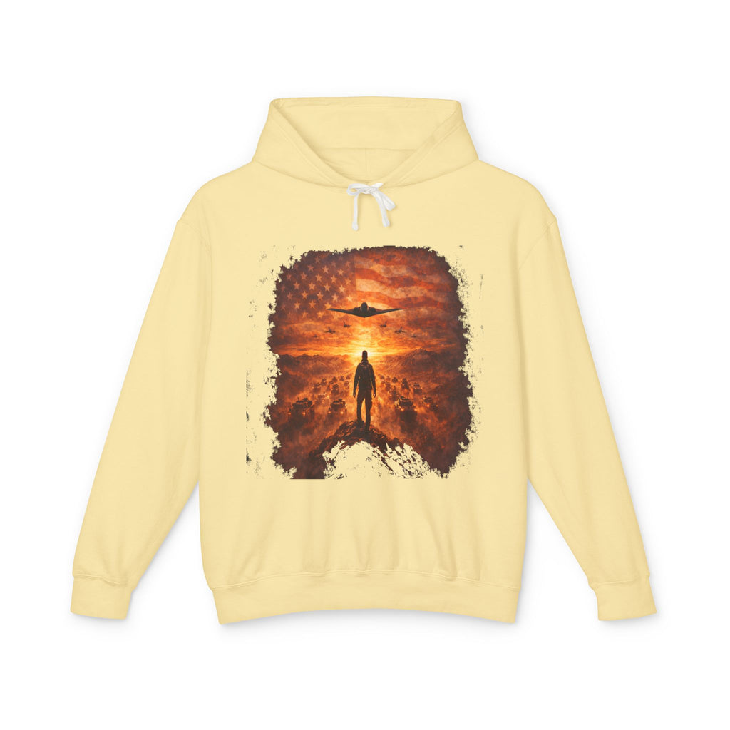 B2 Sprite---Sunset Flag Hoodie — Alien Silhouette American Flag Graphic