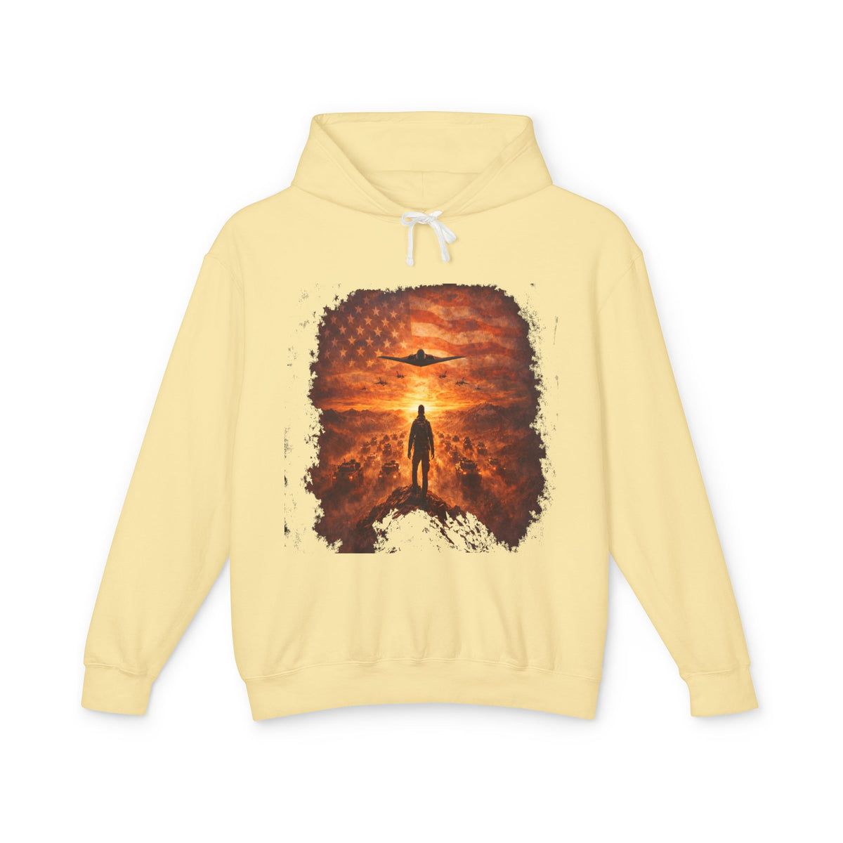 B2 Sprite---Sunset Flag Hoodie — Alien Silhouette American Flag Graphic
