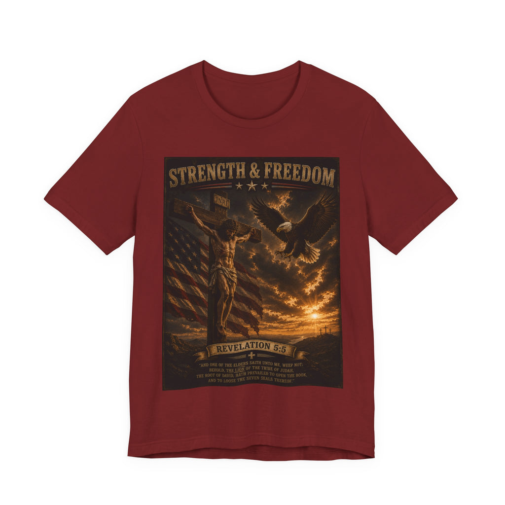 Strength & Freedom Christian T‑Shirt – Revelation 12:11 Eagle & Cross Faith Tee