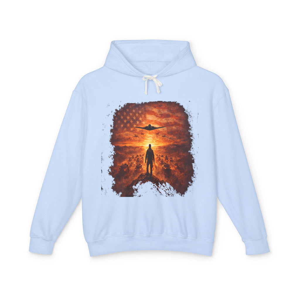 B2 Sprite---Sunset Flag Hoodie — Alien Silhouette American Flag Graphic