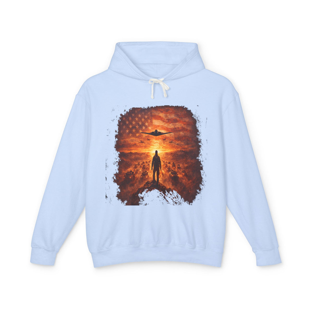 B2 Sprite---Sunset Flag Hoodie — Alien Silhouette American Flag Graphic