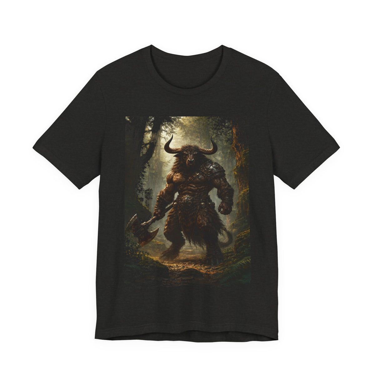 Minotaur Forest Warrior T-Shirt — Mythic Fantasy Creature Graphic Tee