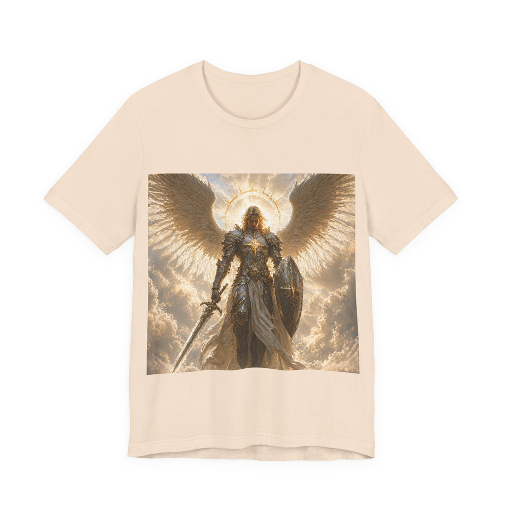 Archangel Warrior Graphic Tee — Golden Angel with Sword & Shield