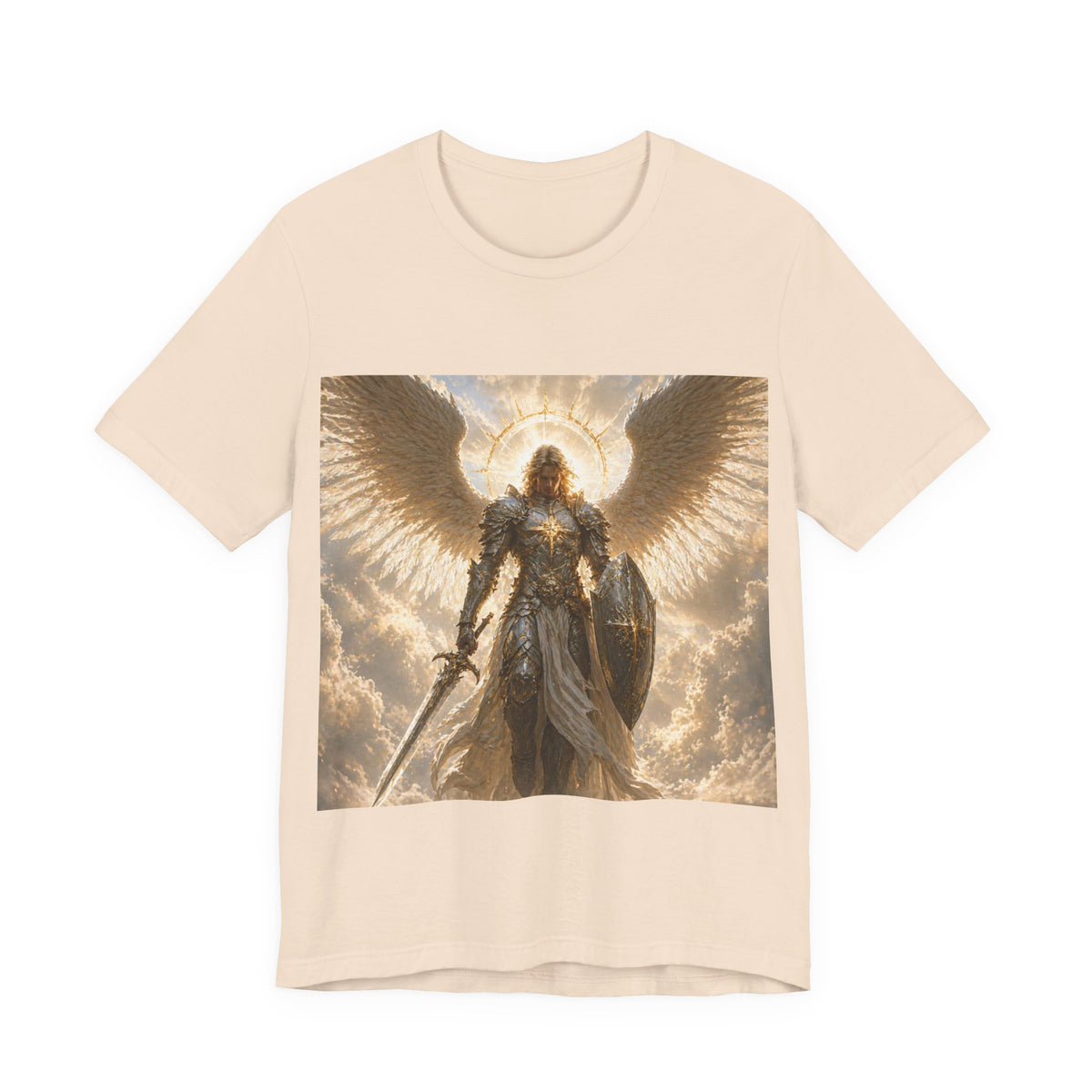 Archangel Warrior Graphic Tee — Golden Angel with Sword & Shield