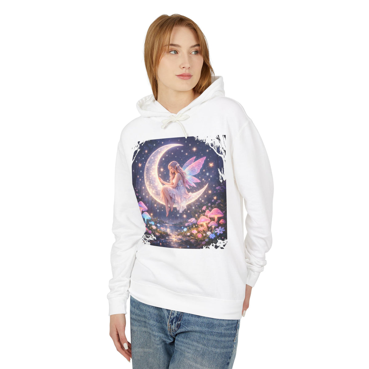 Fairy on the Moon Hoodie — Magical Mushroom Night Sky Pullover