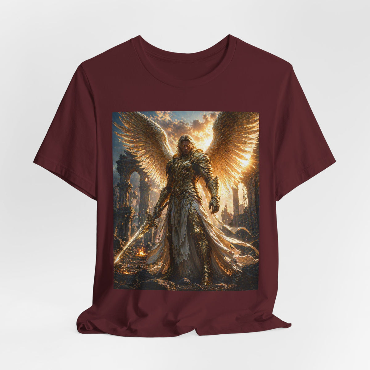 Angel Warrior Graphic Tee — Golden Archangel Battle Scene T-Shirt