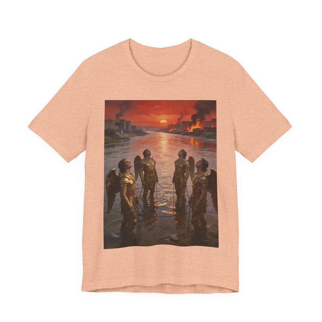 Revelation 9 reveals four fallen angels bound in the Euphrates River, awaiting God’s appointed time to bring judgment. T-Shirt