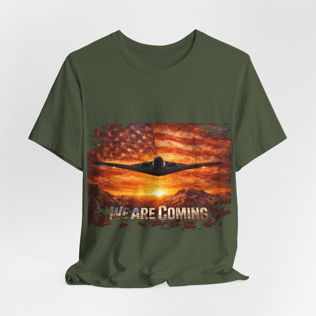 We Are Coming Military T-Shirt – American Flag Bomber Plane Graphic Tee