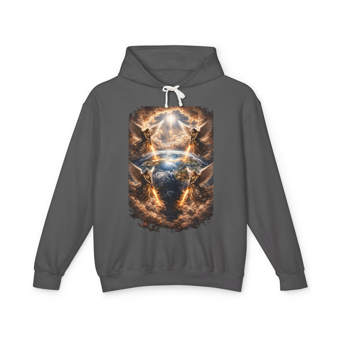 Revelation 7:1 Four angels standing on the four corners of the earth as seen from heaven Apocalyptic Earth Graphic Hoodie — Cosmic Storms, Lightning & Angelic Light