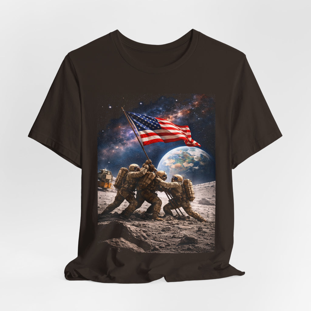Patriotic Moon Landing Tee — Soldiers Raising American Flag Graphic T-Shirt