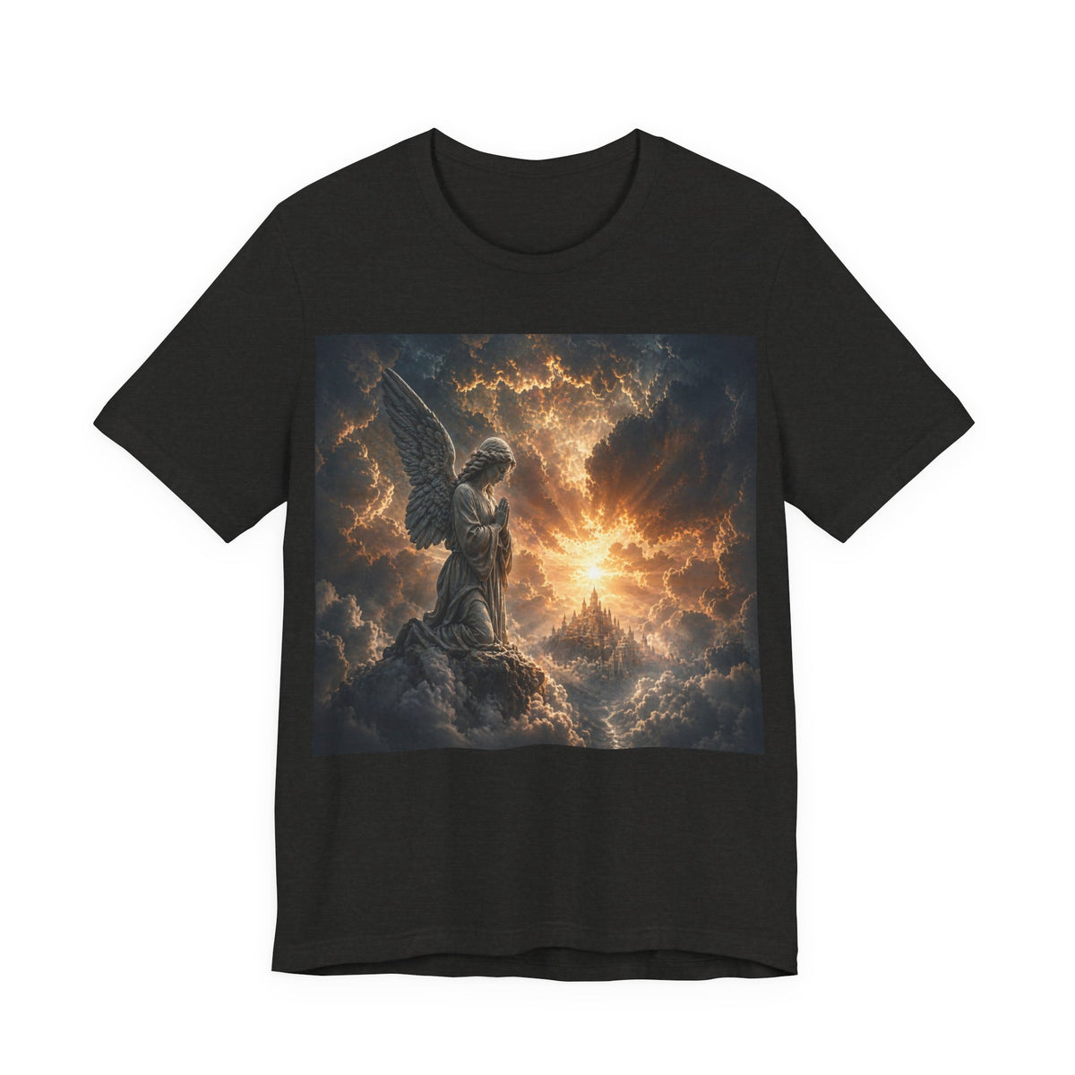 Angel in Storm Graphic Tee — Dramatic Celestial Art T-Shirt