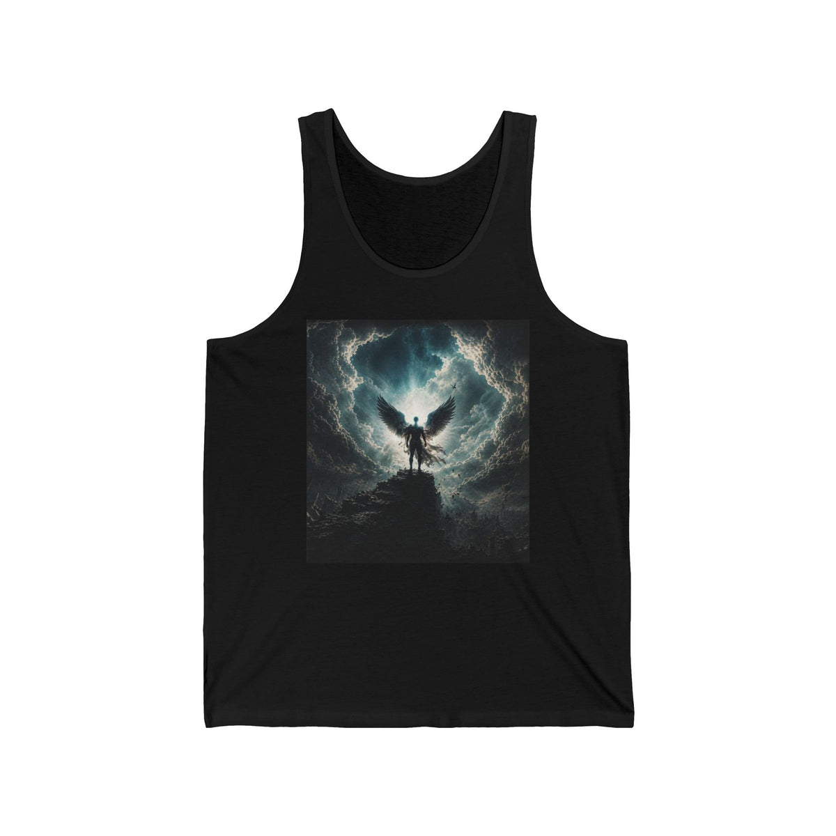 Angel Silhouette Tank Top — Dark Stormy Sky Winged Figure Graphic Tank