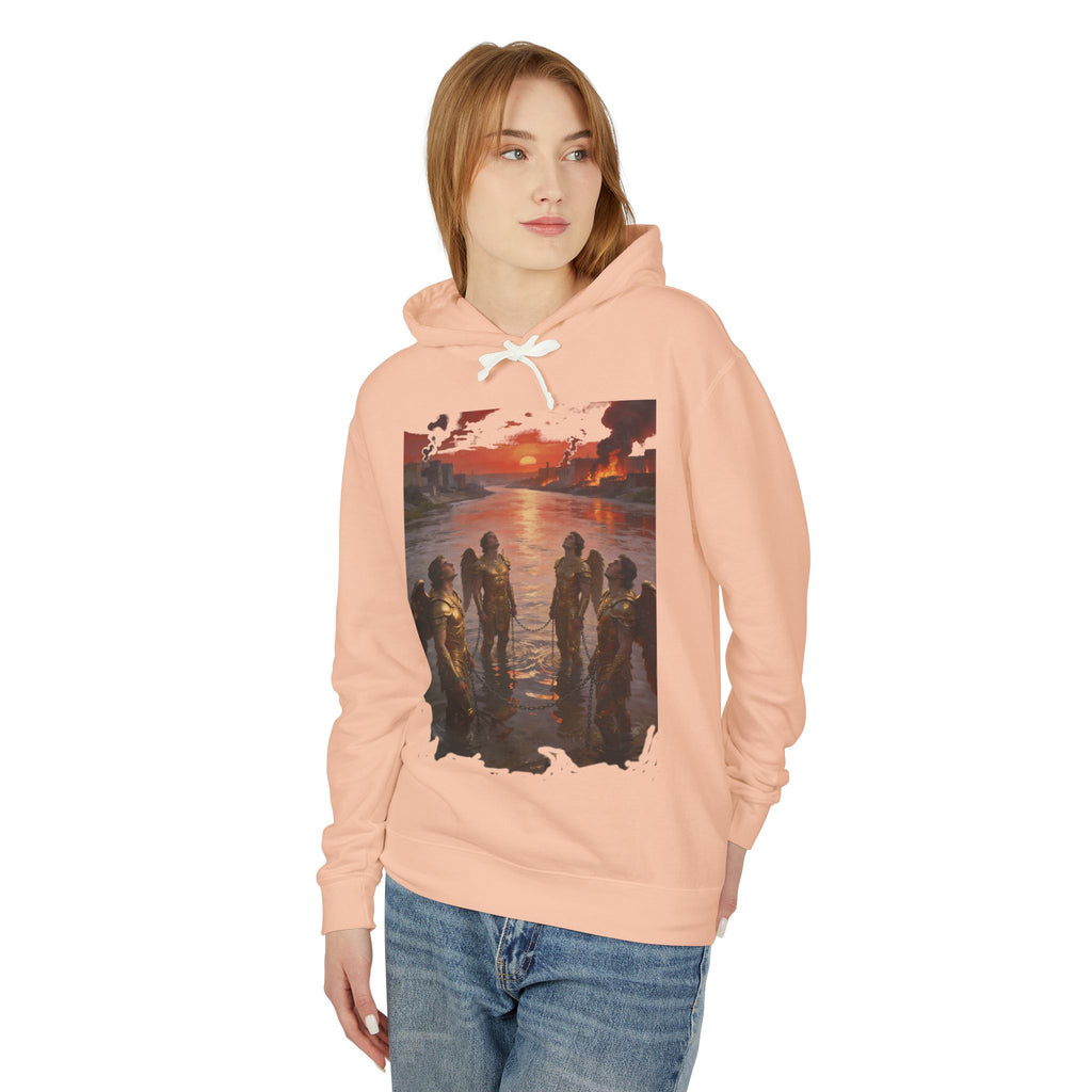 Revelation 9 reveals four fallen angels bound in the Euphrates River  Crew Hooded Sweatshirt