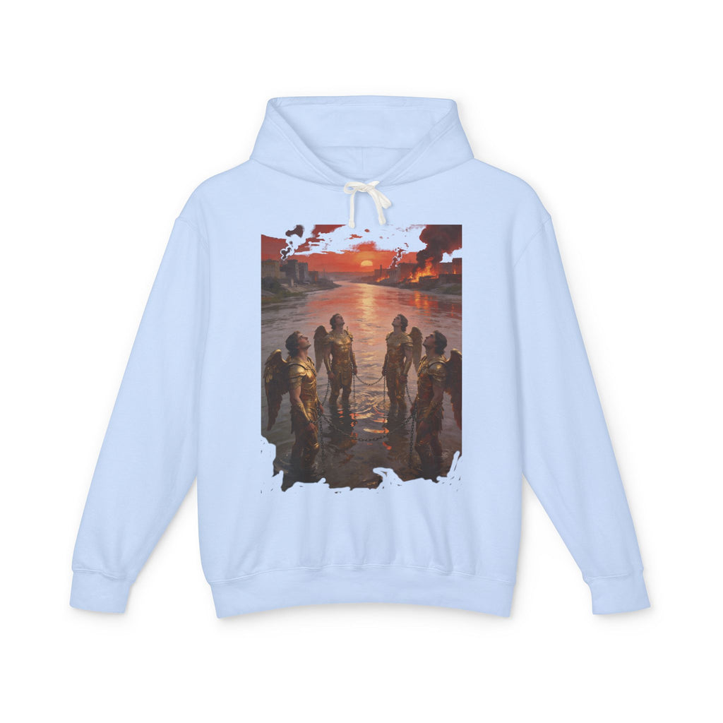 Revelation 9 reveals four fallen angels bound in the Euphrates River  Crew Hooded Sweatshirt