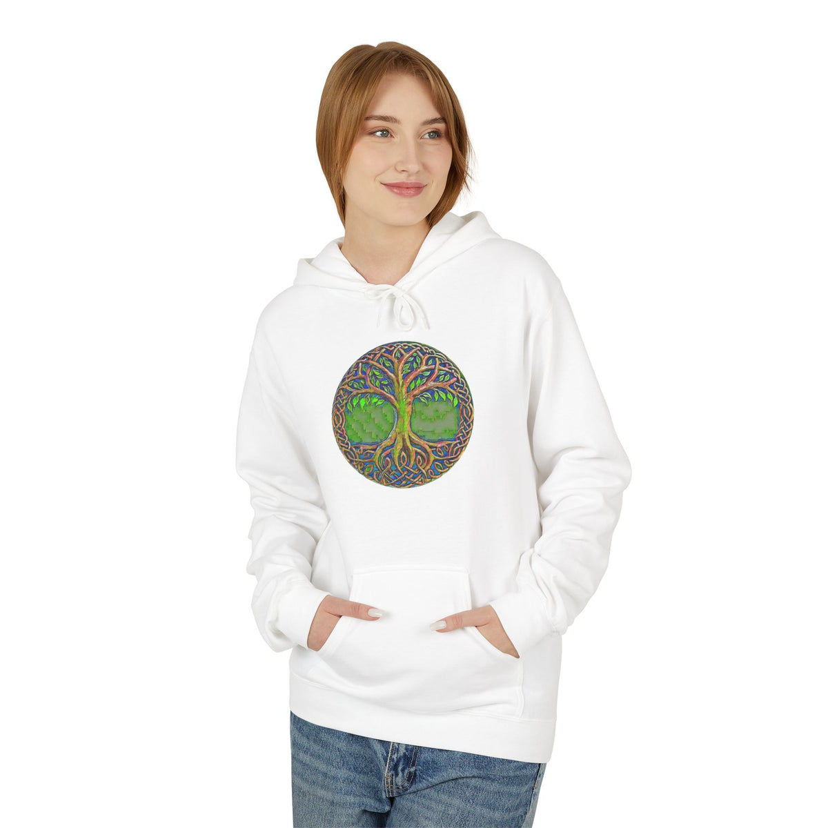 Yggdrasil Tree of Life Cotton Hoodie — Nature-Inspired Green Woodland Graphic