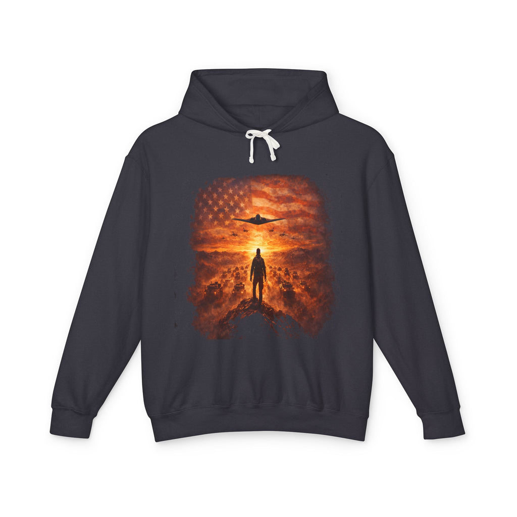 B2 Sprite---Sunset Flag Hoodie — Alien Silhouette American Flag Graphic