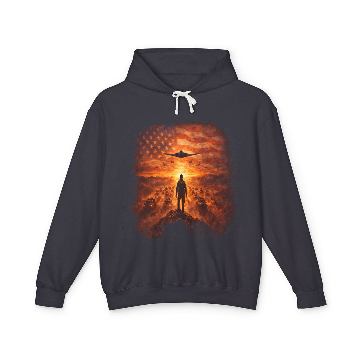 B2 Sprite---Sunset Flag Hoodie — Alien Silhouette American Flag Graphic