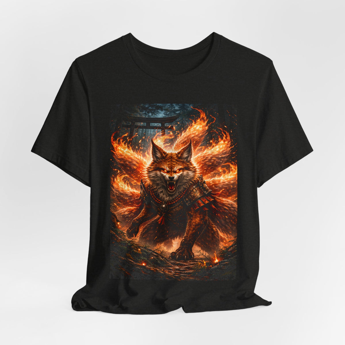 Fiery Nine-Tailed Fox Graphic Tee – Mythic Kitsune Flame Shirt
