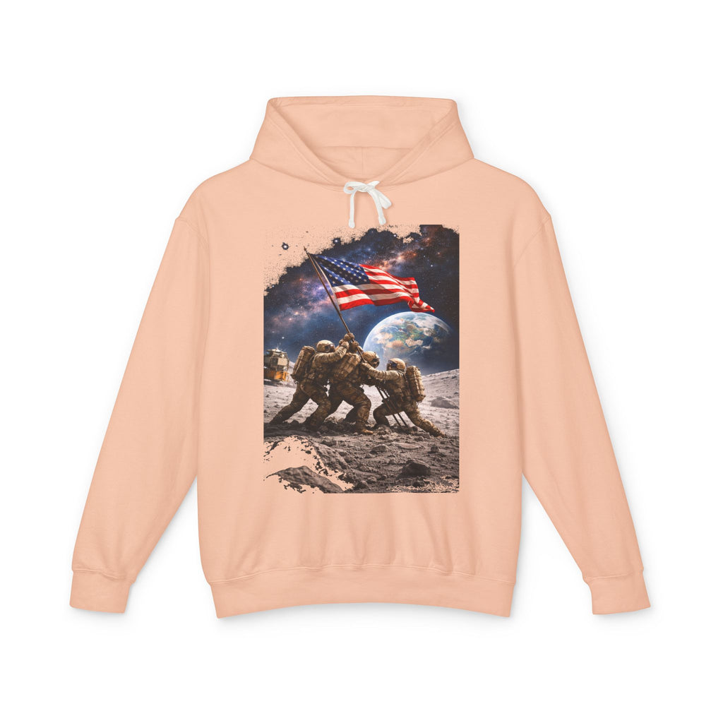 Patriotic Moon Landing Hoodie — Astronauts Raising American Flag Graphic