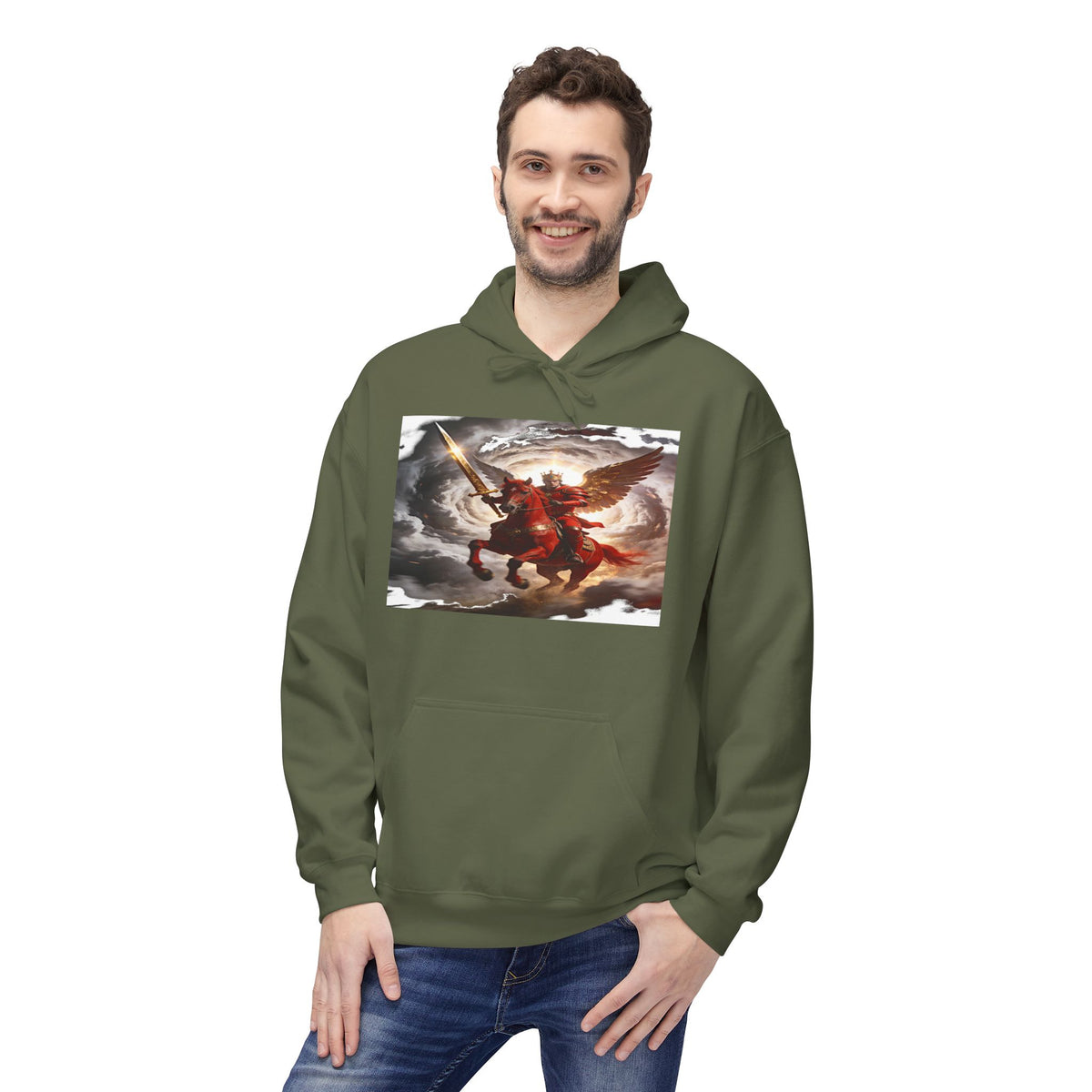 The red horse from Revelation 6:3-4 Angel Warrior Hoodie — Dramatic Archangel Battle Graphic Pullover