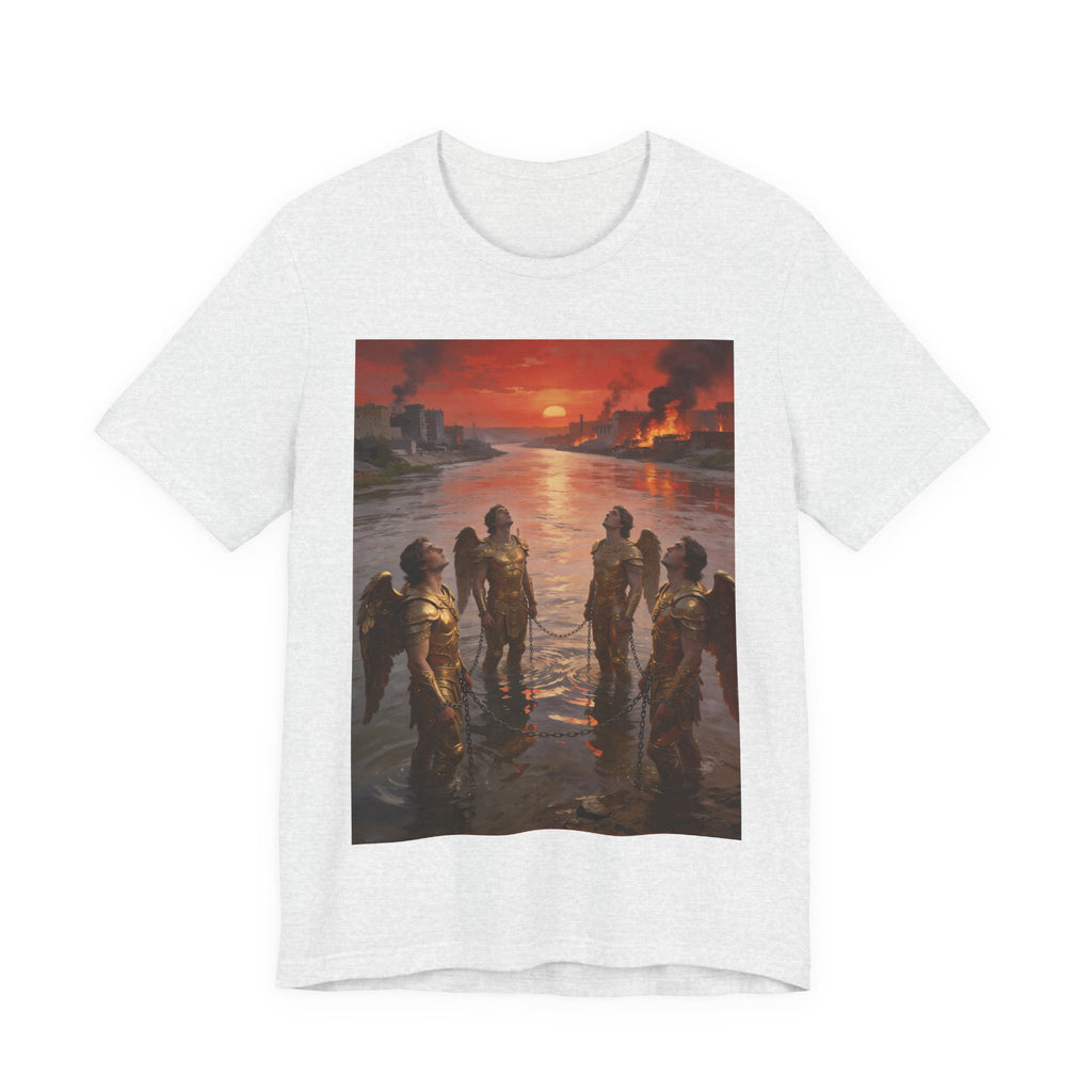 Revelation 9 reveals four fallen angels bound in the Euphrates River, awaiting God’s appointed time to bring judgment. T-Shirt