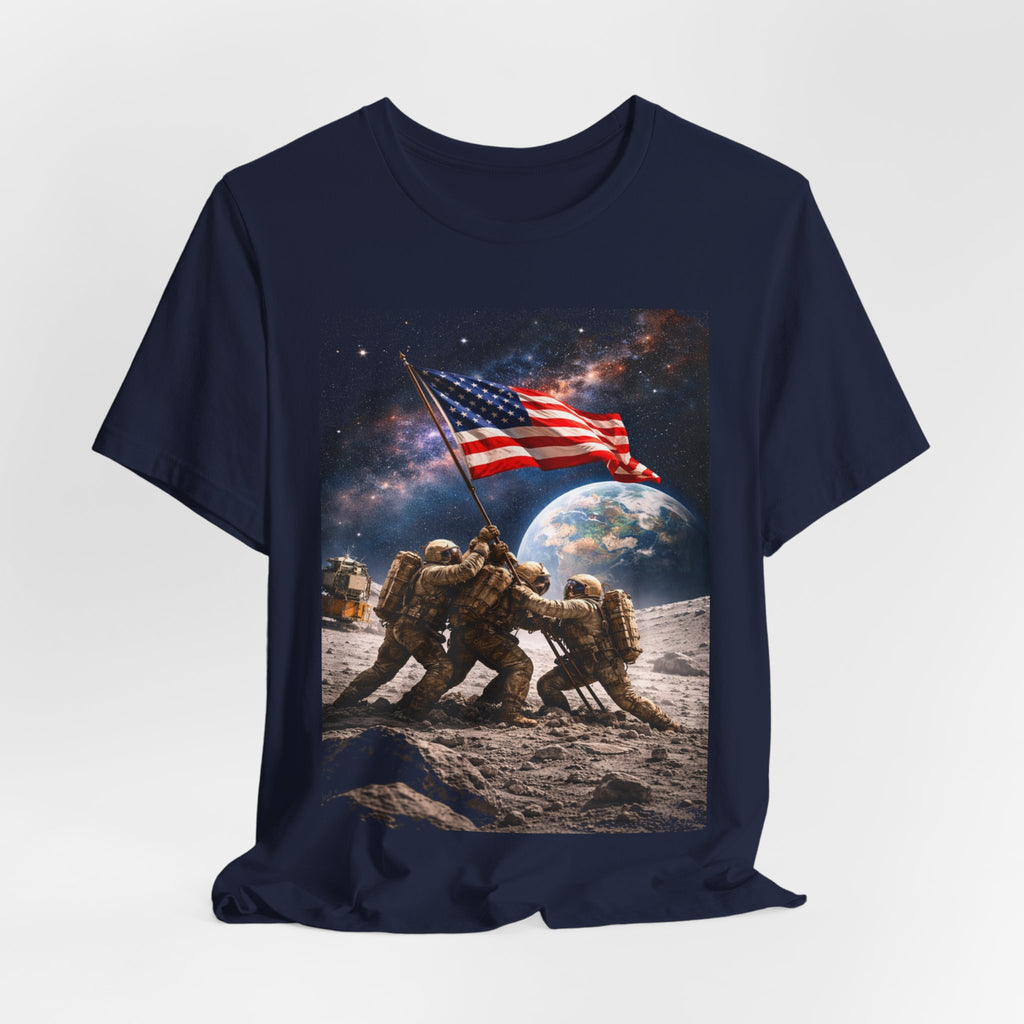 Patriotic Moon Landing Tee — Soldiers Raising American Flag Graphic T-Shirt
