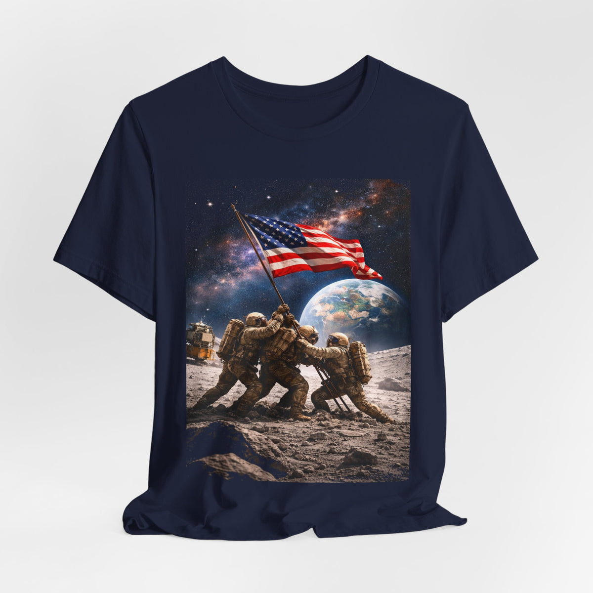 Patriotic Moon Landing Tee — Soldiers Raising American Flag Graphic T-Shirt