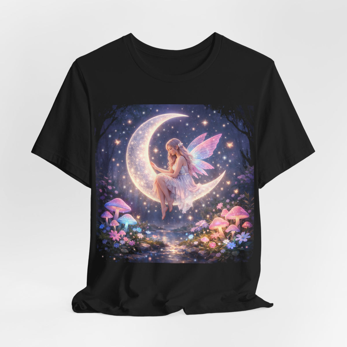 Fairy on the Moon T‑Shirt — Dreamy Fantasy Night Tee with Fairy and Mushrooms