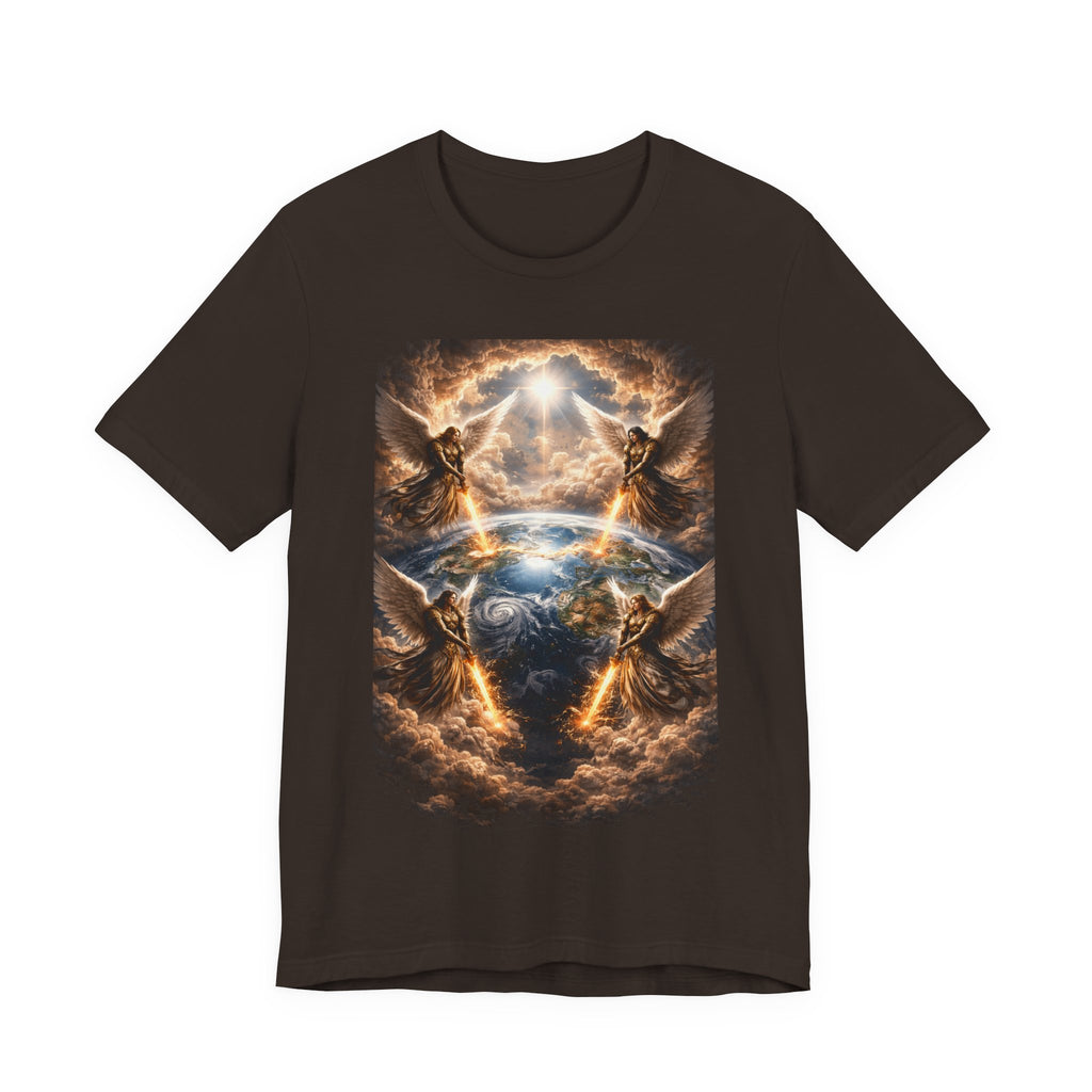 Revelation 7:1 Four angels standing on the four corners of the earth as seen from heaven-when the secound comingis near T‑Shirt — Heavenly Earth & Angels Graphic Tee