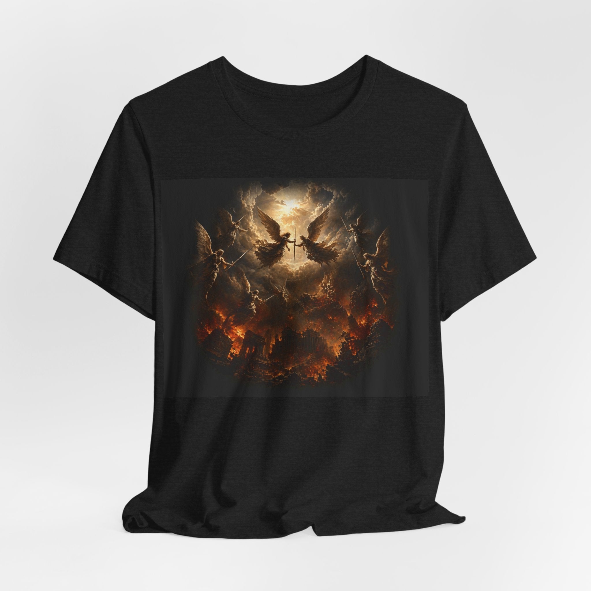 Apocalyptic Angel Graphic Tee — Fallen Skies Battle Scene T‑Shirt