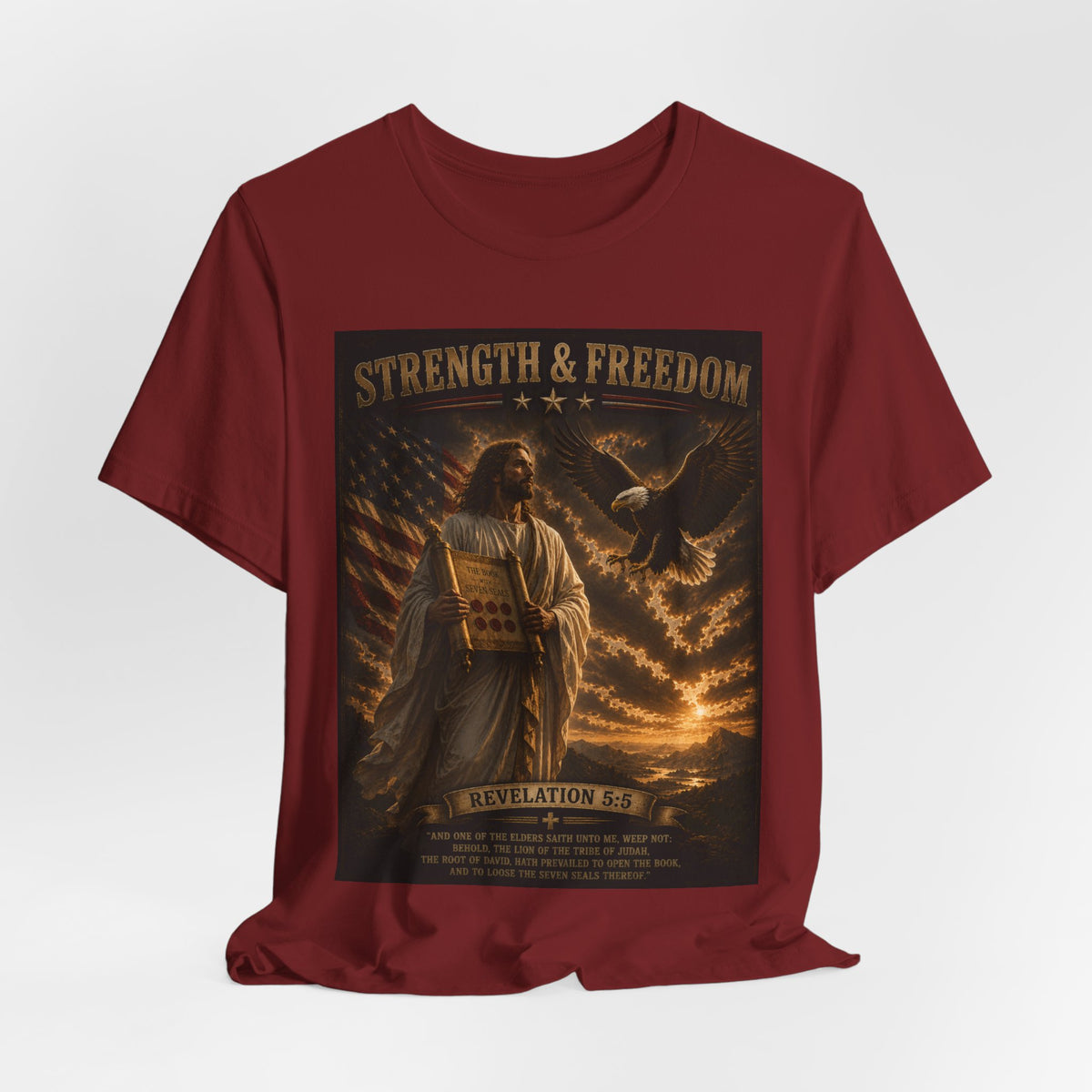 Strength & Freedom T-Shirt — Jesus with Tablets & Eagle, Revelation 20 Christian Tee