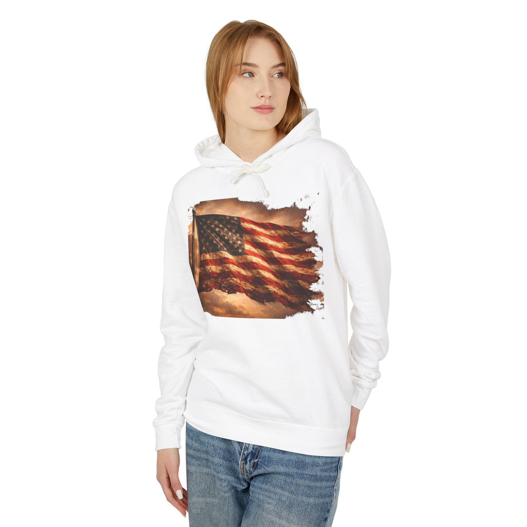 Distressed American Flag Hoodie — Vintage Patriot Lightweight Sweatshirt