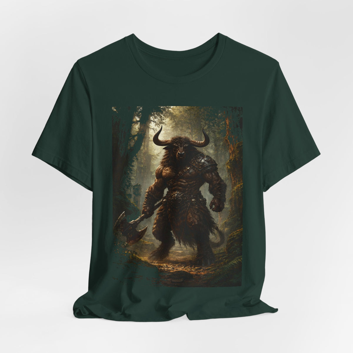 Minotaur Forest Warrior T-Shirt — Mythic Fantasy Creature Graphic Tee