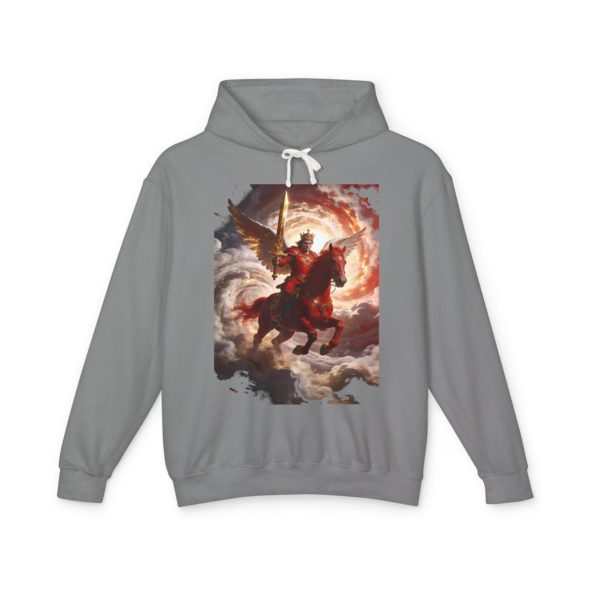 The red horse from Revelation 6:3-4-Angel Knight Hoodie — Celestial Warrior Horse Graphic Sweatshirt