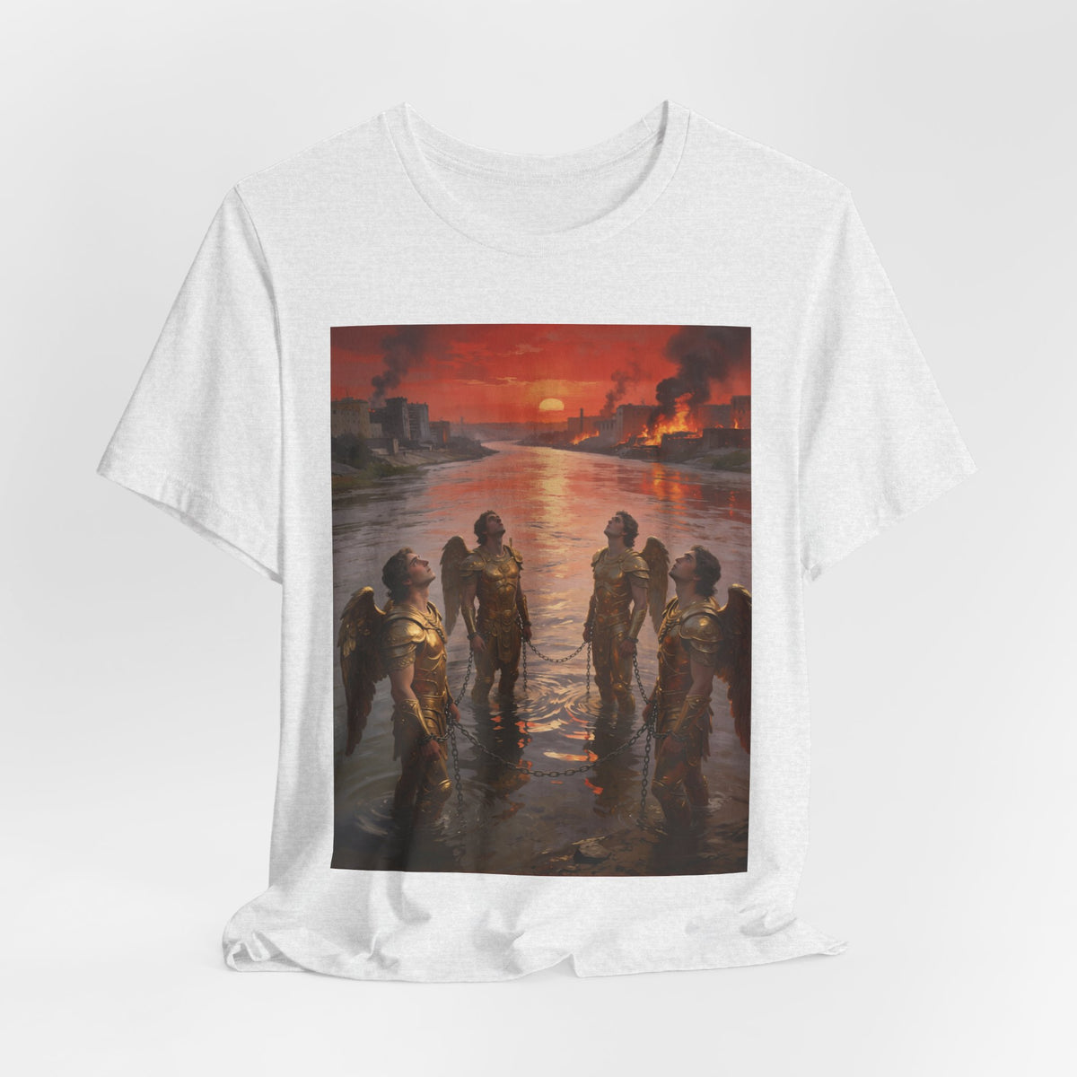 Revelation 9 reveals four fallen angels bound in the Euphrates River, awaiting God’s appointed time to bring judgment. T-Shirt