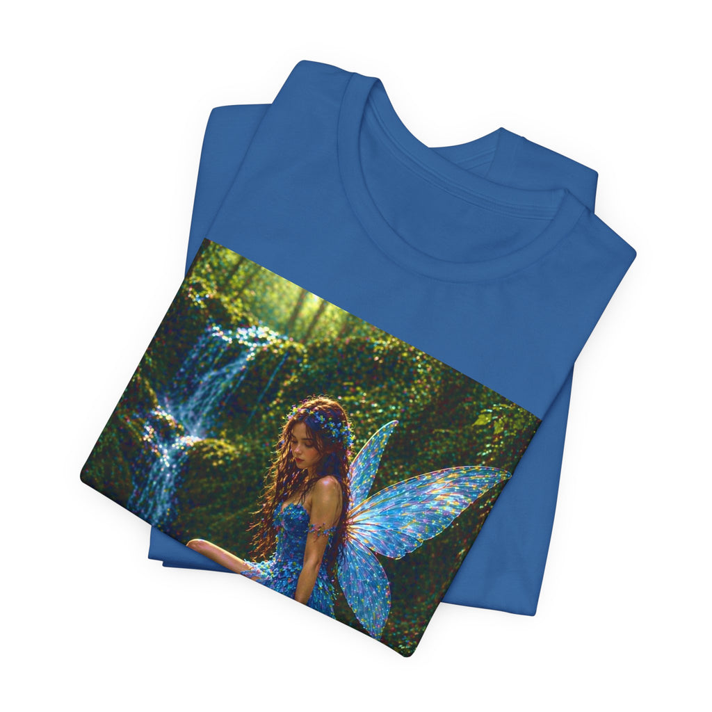 Fairy Forest T-Shirt — Enchanted Blue Fairy Sitting by Waterfall