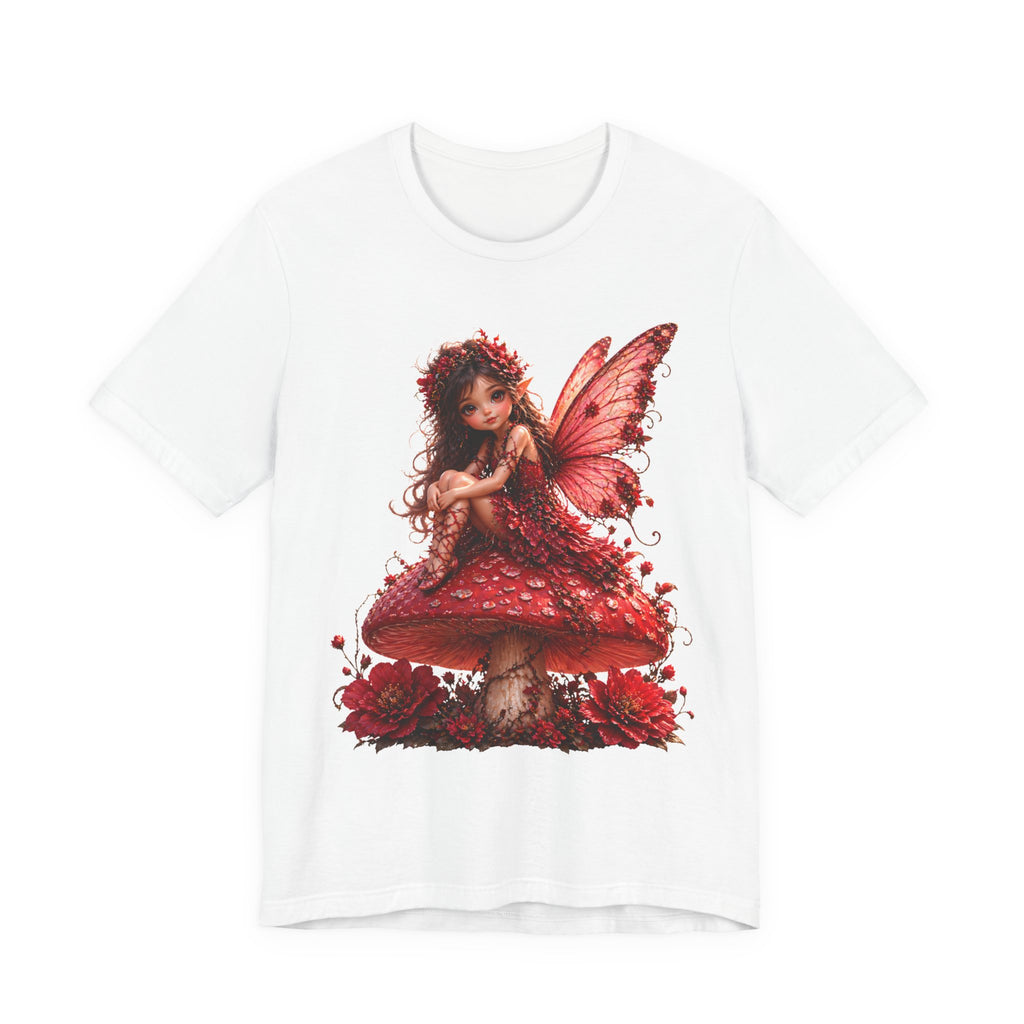 Fairy on Red Mushroom T‑Shirt — Whimsical Red Fairy Graphic Tee
