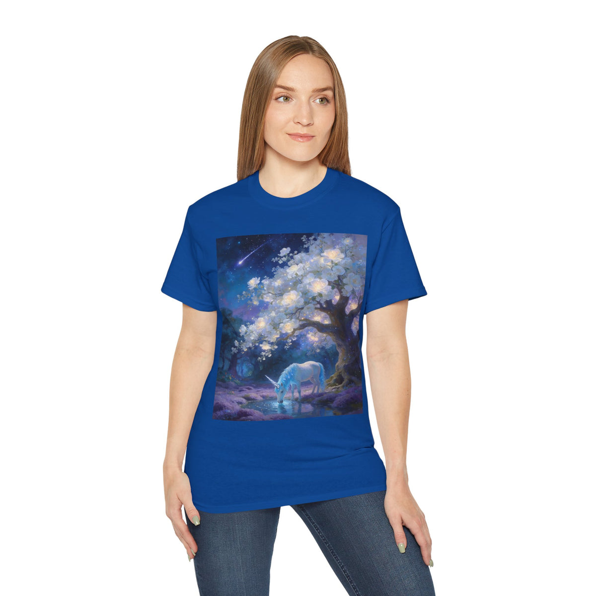 Unicorn Mystic Night Sheep Cotton Tee — Dreamy Moonlit Tree Art T-Shirt