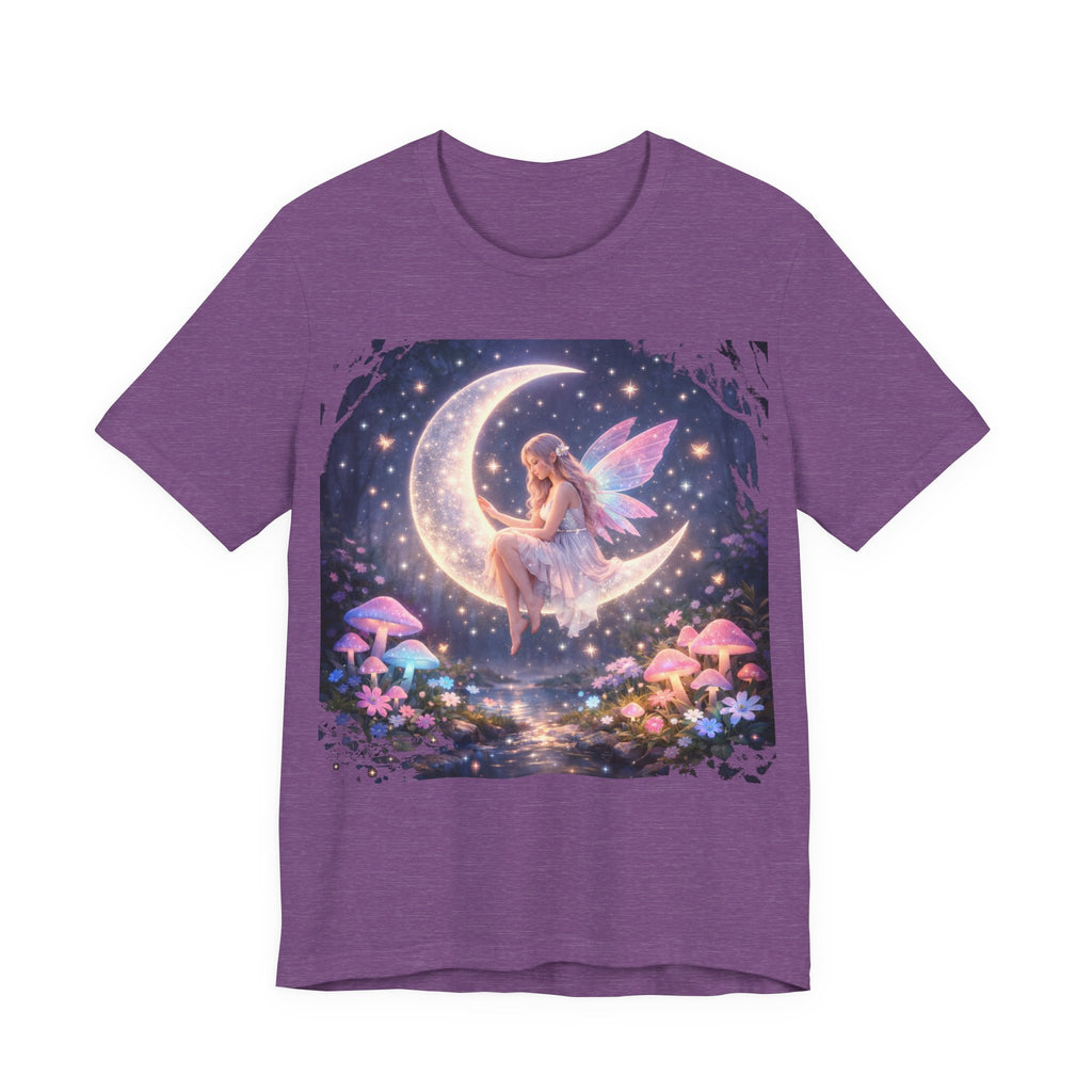 Fairy on the Moon T‑Shirt — Dreamy Fantasy Night Tee with Fairy and Mushrooms