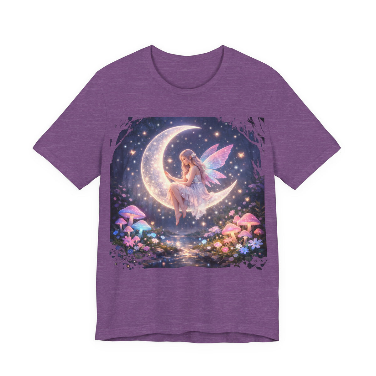 Fairy on the Moon T‑Shirt — Dreamy Fantasy Night Tee with Fairy and Mushrooms