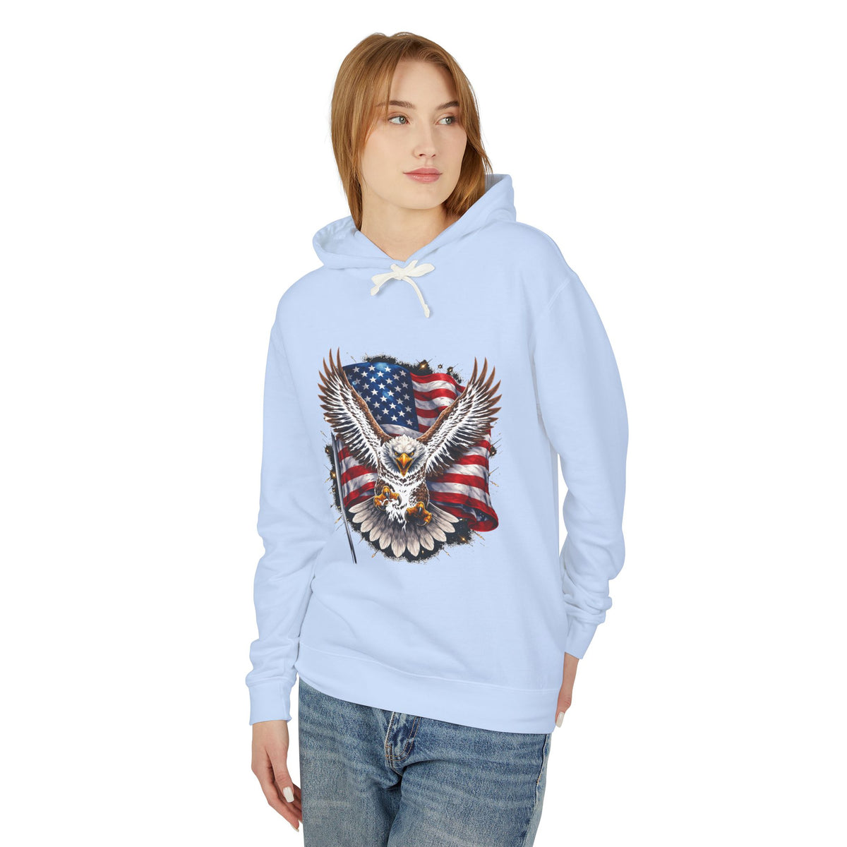 American Eagle Hoodie — Patriotic Bald Eagle with USA Flag Graphic