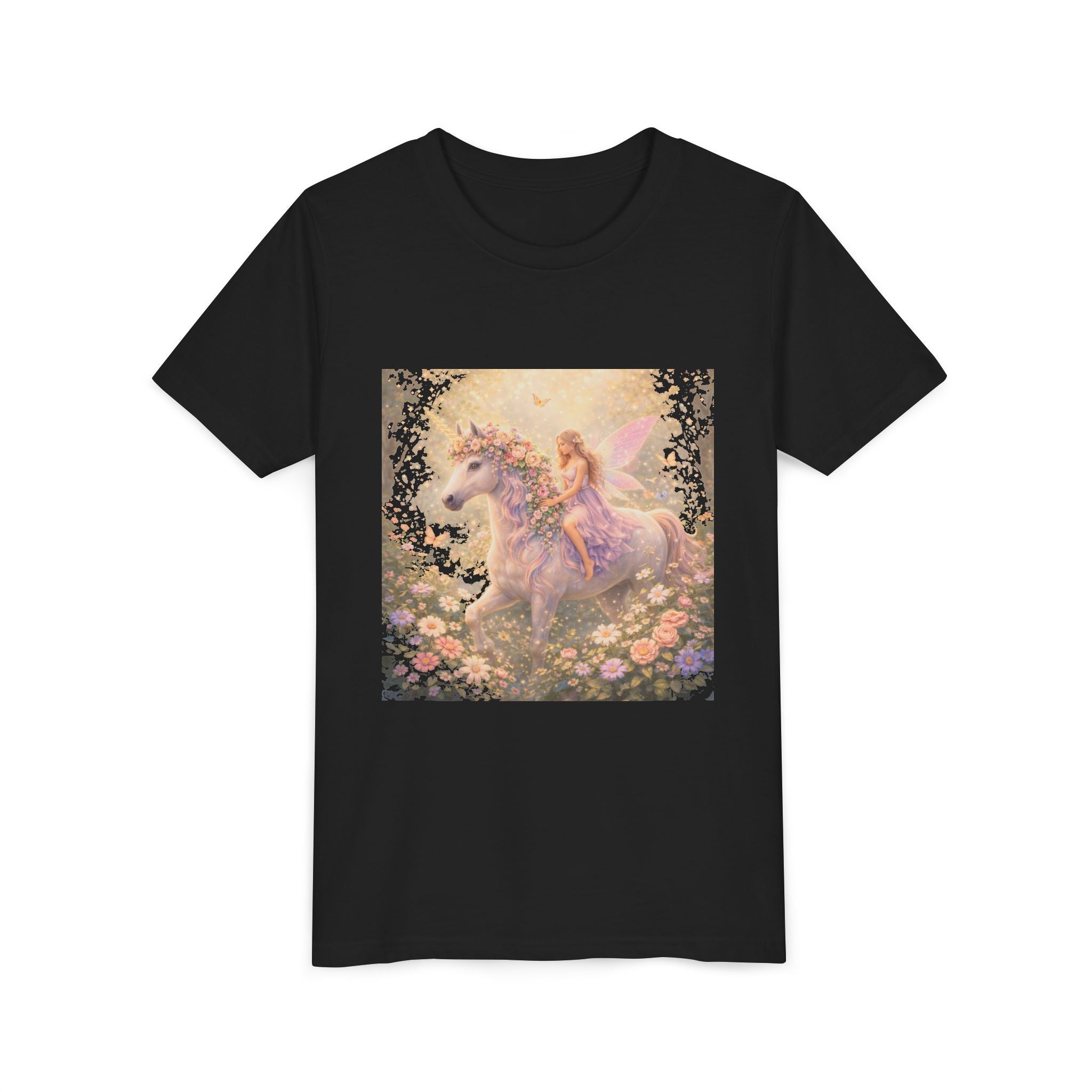 Youth Tee — Magical Fairy Riding Unicorn in Floral Garden Kids Shirt